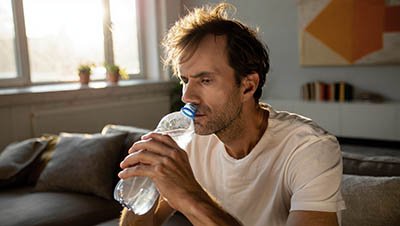 Похмелье у мужчины Мужчина пьет воду из бутылки